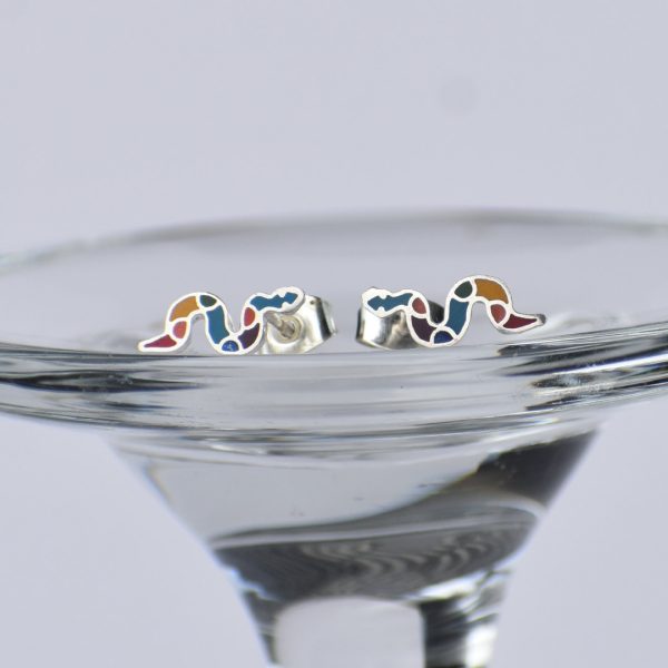 Aretes Studs Serpiente en Plata Ley 950, spondylus y crisocola