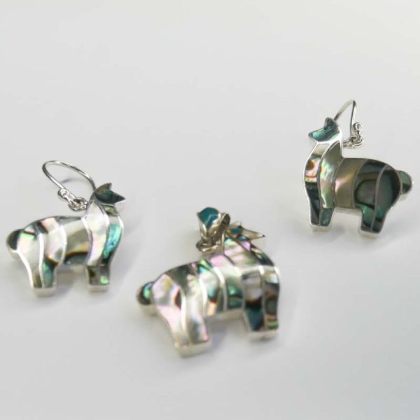 Set de Aretes y Dije Llama Tornasolada en Plata Ley 950, Nácar y Crisocola