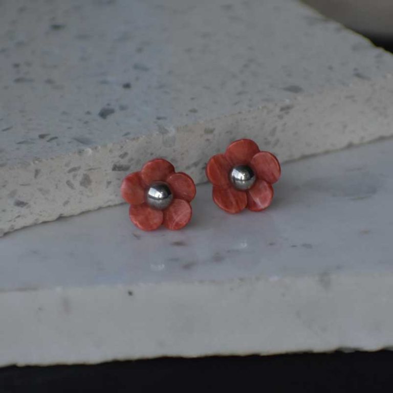 Aretes Flor Coral Rojo en Plata ley 950