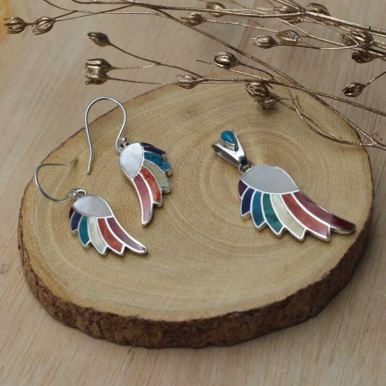 Set de Aretes y Dije de Alas de Condor Mensajero en Plata Ley 950