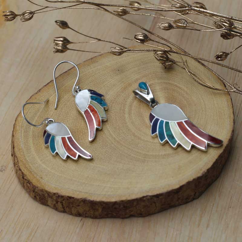 Set de Aretes y Dije de Alas de Condor Mensajero en Plata Ley 950