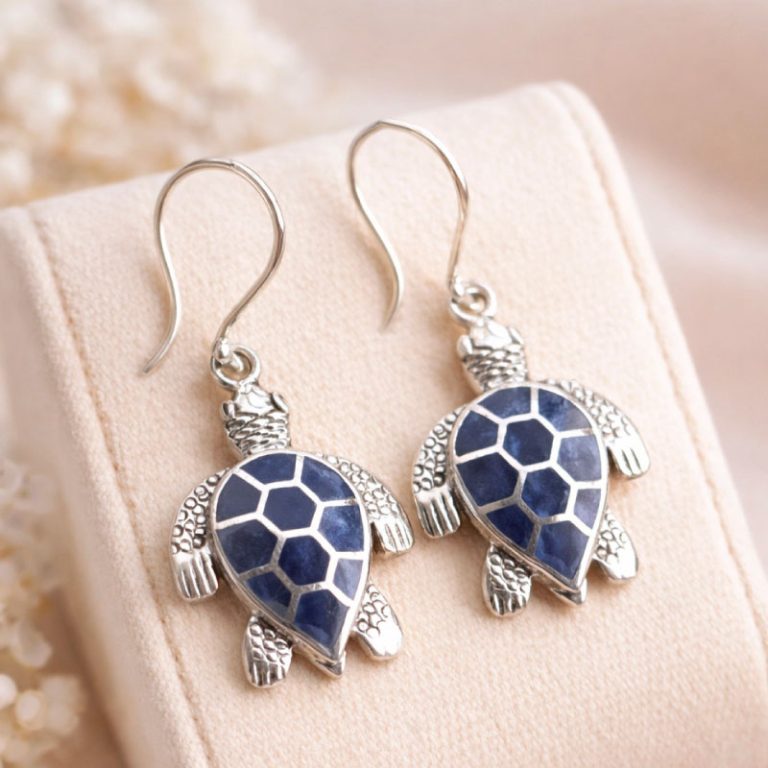 Aretes de Tortuga Marina Artesanales | Plata Ley 950 y Piedra Sodalita