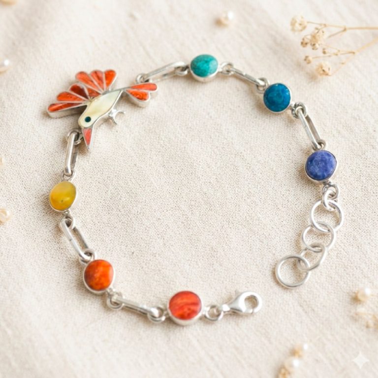 Pulsera Colibrí Wayra en Plata 950 y Mosaico de Piedras Naturales | Joyería Artesanal Peruana