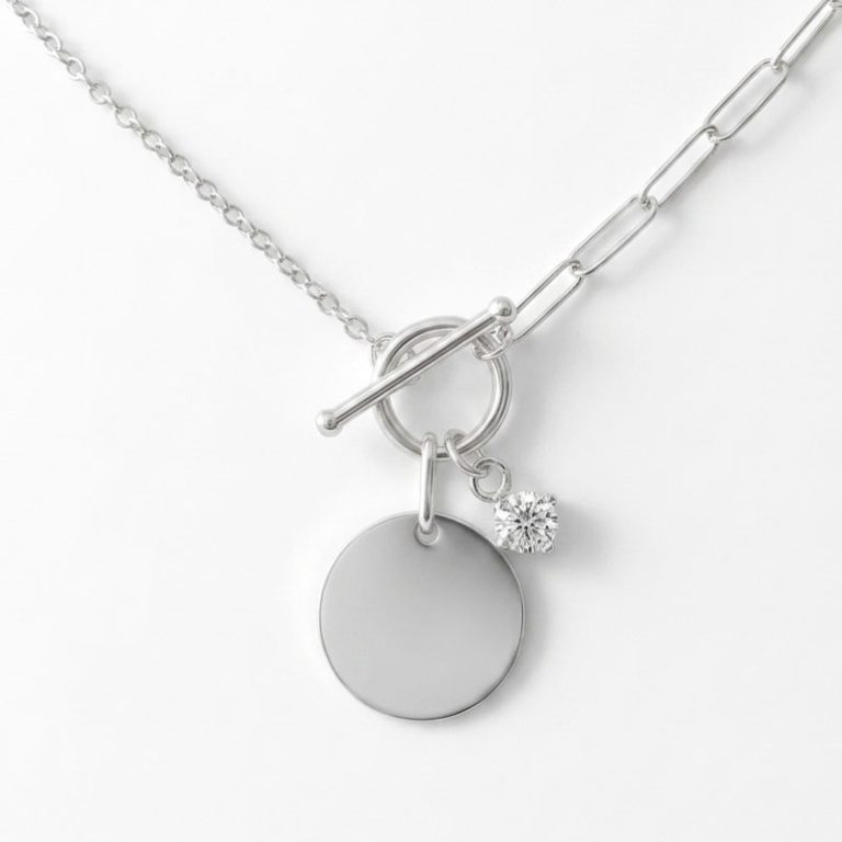 Collar Medalla y Destello en Plata Ley 925 | Cadena de Eslabones Mixtos y Dije para Grabar