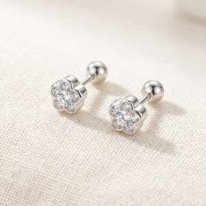 Aretes Abridores de Flor en Plata 950 | Pendientes de Seguridad Punto de Luz con Enroscable | Joyería Hipoalergénica para Mujer y Niñas