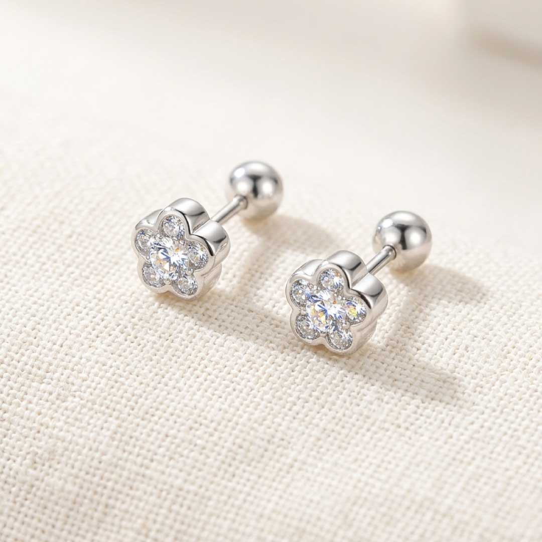 Aretes Abridores de Flor en Plata 950 | Pendientes de Seguridad Punto de Luz con Enroscable | Joyería Hipoalergénica para Mujer y Niñas